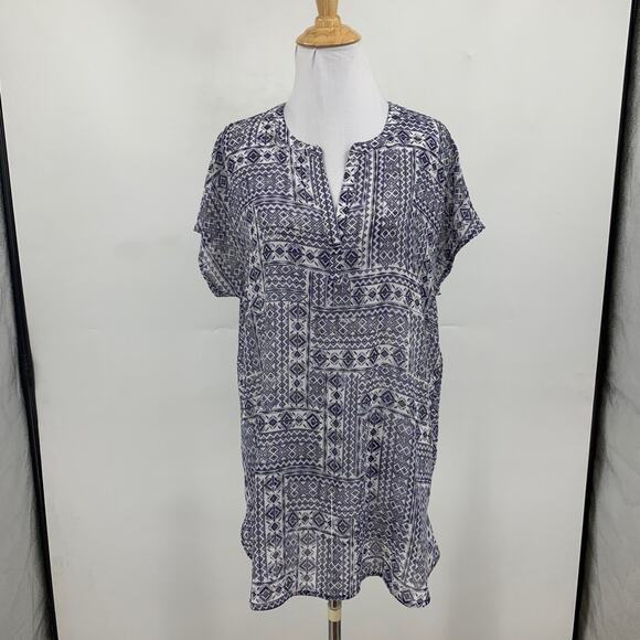 J Jill Blouse Women S Small Multi Split Neck Geometric Short Sleeve Sheer Tunic - Picture 2 of 12